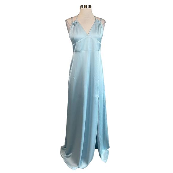 AQUA Satin Cut Out Back A-Line Long Evening Gown Blue Size 10 Formal Dress - Picture 2 of 9